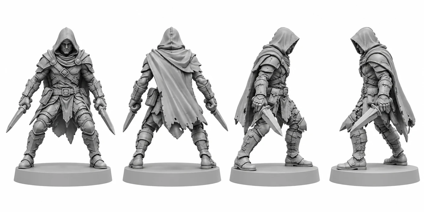 Kael em quatro vistas: frente, verso, esquerda e direita