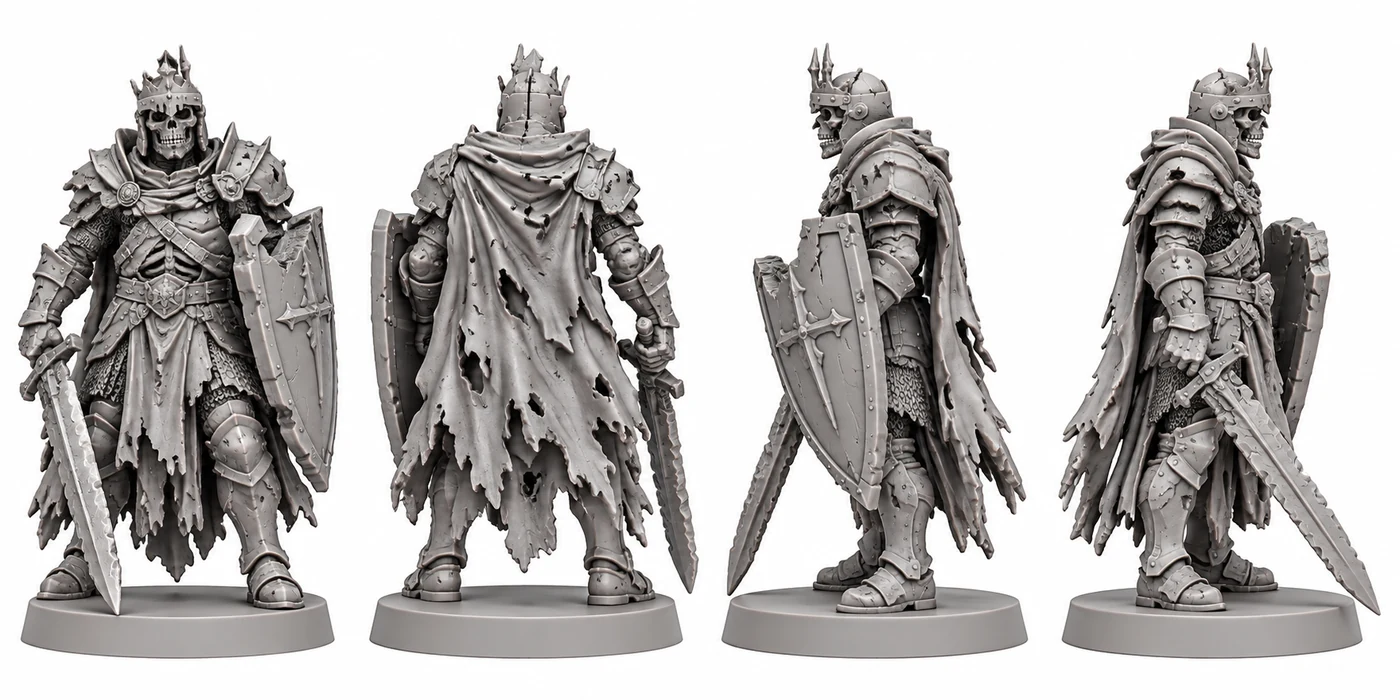 Sir Edric em quatro vistas: frente, verso, esquerda e direita